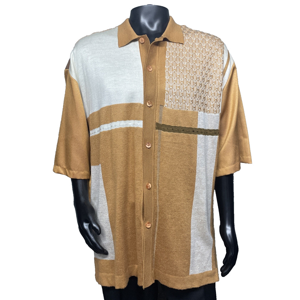 Silversilk Mens XL Mustard Short Sleeve Knit Button Down Shirt Retro Colorblock